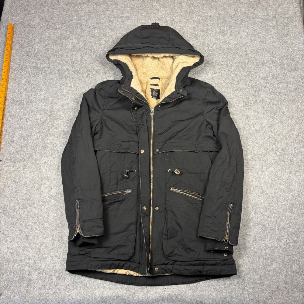 Zara TRF Outerwear Black Faux Fur Lined Hooded Parka Jacket XS Utility Coat